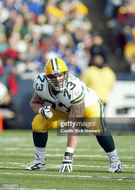 Daryn Colledge of the Green Bay Packers gets ready on the line during against the Buffalo Bills on November 5, 2006 at Ralph Wilson Stadium in...