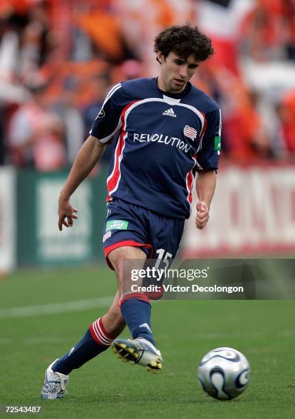 Michael Parkhurst of the New England Revolution passes the ball during the 2006 MLS Cup against the Houston Dynamo at Pizza Hut Park on November 12,...