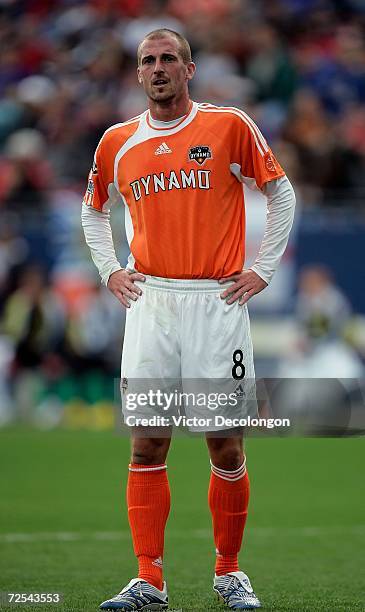 Paul Dalglish of the Houston Dynamo looks on during a break in game action against the New England Revolution during the 2006 MLS Cup at Pizza Hut...