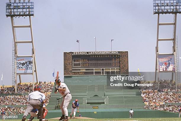 Will Clark of the Baltimore Orioles at bat during the game against the Cuban National Team at the Estadio LatinoAmericano in Havana, Cuba. The...