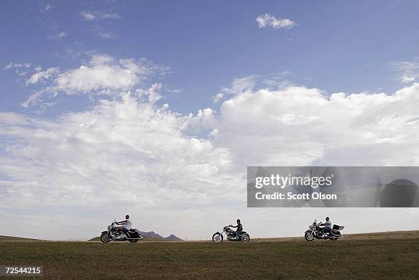 Bikers head toward Sturgis, South Dakota on August 7, 2003 for day four of the annual Sturgis Motorcycle Rally. The weeklong rally attracts an...