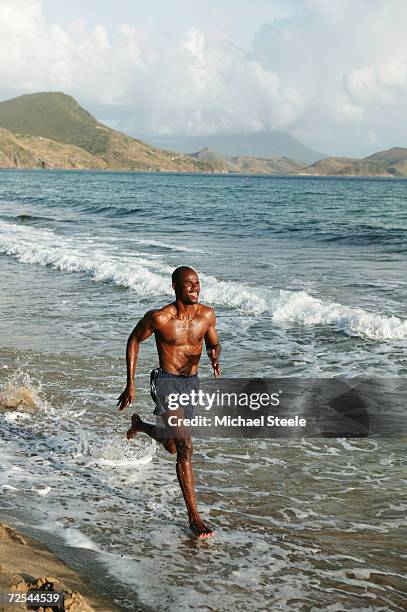 Kim Collins, 100m sprinter of St Kitts and Nevis and Olympic contender for Athens at home on April 21, 2004 in Frigate Bay, St.Kitts and Nevis.