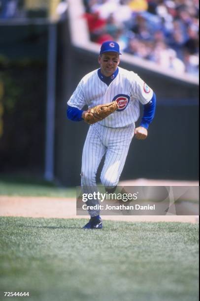 Infielder Mark Grace of the Chicago Cubs in action during a game against the San Francisco Giants at Wrigley Field in Chicago, Illinois. The Giants...