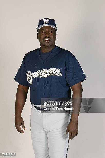 Gary Mathews coach of the Milwaukee Brewers poses for a photo during Team Photo Day at the Brewers Training Facility in Marysville, Az. Digital...