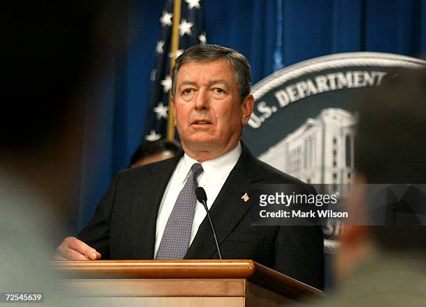 Attorney General John Ashcroft announces indictments at the Justice Department March 14, 2002 in Washington, DC. Ashcroft said that a U.S. Grand jury...