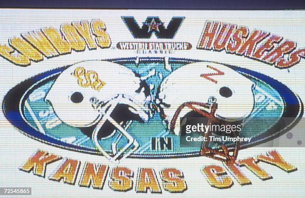 General view of a graphic on display during the game between the Nebraska Cornhuskers and the Oklahoma State Cowboys at the Arrowhead Stadium in...