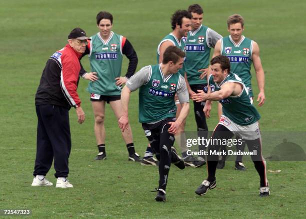 Former St Kilda Football club premiership coach Allan Jeans oversees a training drill, during the clubs training session held at Moorabbin,...