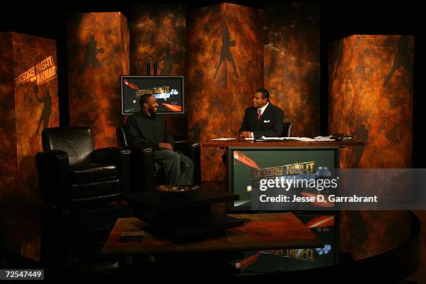 Gilbert Arenas of the Washington Wizards talks with Ahmad Rashad on "Tuesday Night With Ahmad" on November 14, 2006 at the NBAE studios in Secaucus,...