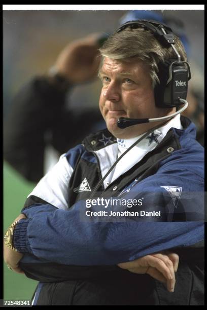 Dallas Cowboys head coach Jimmy Johnson looks on during Super Bowl XXVIII against the Buffalo Bills at the Georgia Dome in Atlanta, Georgia. The...