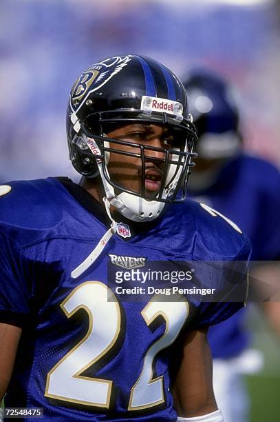 Cornerback Duane Starks of the Baltimore Ravens looks on during the game against the Jacksonville Jaguars at the NFL Stadium at Camden Yards in...