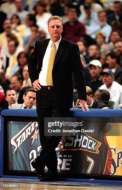 Head Coach Larry Bird of the Indiana Pacers stands on the sidelines during the NBA Eastern Conference Playoffs Round One Game against the Milwaukee...