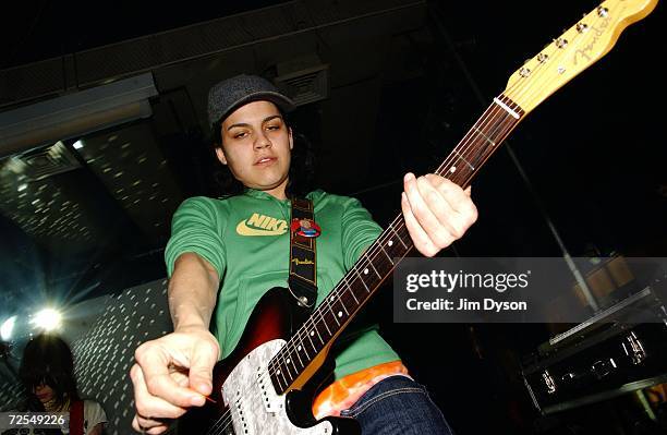 Guitar player, Ana Rezende, of Sao Paulo electro-pop sextet CSS performs at the Scala in King's Cross on November 14, 2006 in London, England. The...