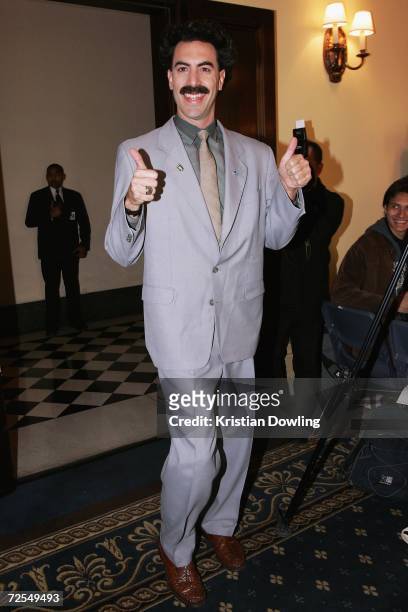 Actor Sacha Baron Cohen appears in character as Kazakh journalist Borat Sagdiyev at a press conference and photo call to promote his film Borat...