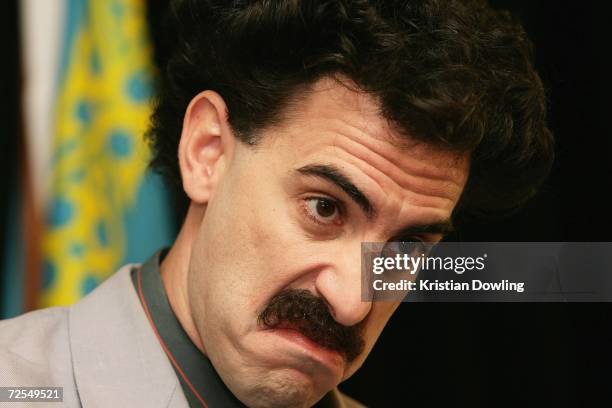 Actor Sacha Baron Cohen appears in character as Kazakh journalist Borat Sagdiyev at a press conference and photo call to promote his film Borat...