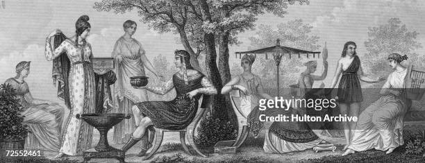 Ancient Greeks and Phrygians enjoy the tranquillity of a peaceful garden, circa 500 BC. .