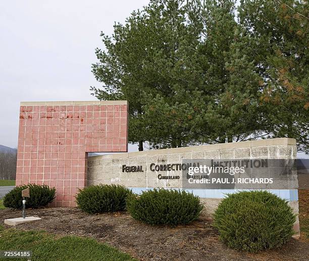 Cumberland, UNITED STATES: The entrance of the Federal Correctional Institution is shown in Cumberland, Maryland, about 130 miles west of Washington,...