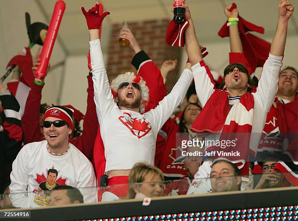 Fans of Team Canada celebrate a Canada goal against the Czech Republic during the semi-final game of the World Junior Hockey Championship tournament...