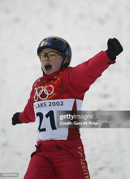 Alisa Camplin of Australia competes in the final round of the women's aerials during the Salt Lake City Winter Olympic Games at the Deer Valley...