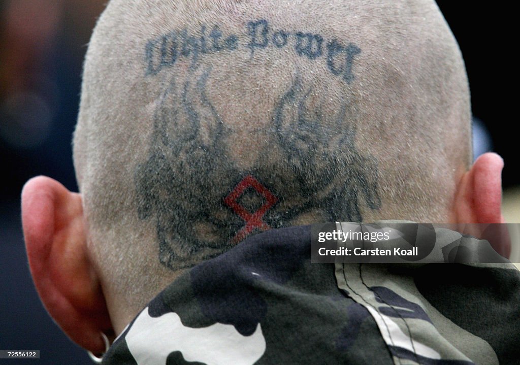 A White Power Tatoo Is Seen On The Back Of A Neo Nazi s Head During a-white-power-tatoo-is-seen-on-the-back-of-a-neo-nazi-s-head-during