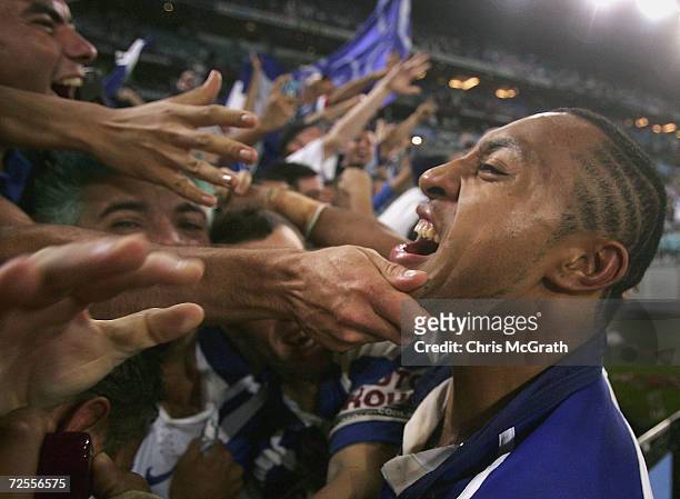Roy Asotasi of the Bulldogs is congratulated by fans after defeating the Roosters during the NRL Grand Final between the Sydney Roosters and the...