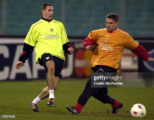 Stephen Wright and Michael Owen of Liverpool during training ahead of the Champions League match against Roma at the Olympic Stadium, Rome, Italy....