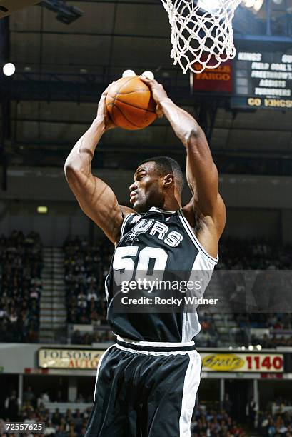 Center David Robinson of the San Antonio Spurs grabs a rebound during the NBA game against the Sacramento Kings at Arco Arena in Sacramento,...
