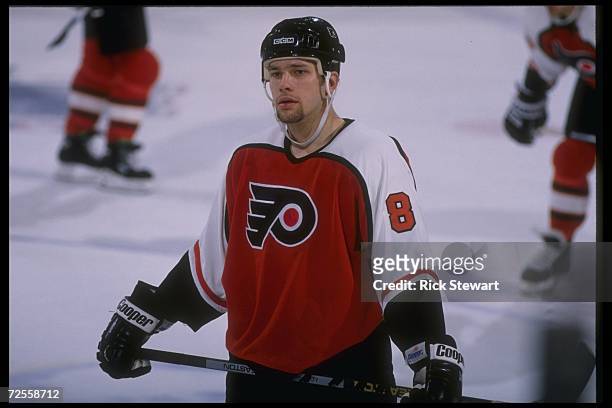 Leftwinger Shawn Antoski of the Philadelphia Flyers looks on during a game against the Buffalo Sabres at Memorial Auditorium in Buffalo, New York....