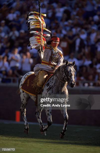 Seminol of the Florida State Seminoles rides a horse on the field during the game against the Maryland Terrapins at the Doak Campbell Stadium in...