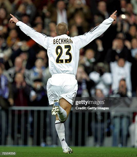 David Beckham of Real Madrid celebrates after scoring a goal during the la Liga match between Real Madrid and Levante at the Santiago Bernabeu on...