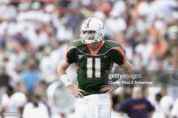 Quarterback Ken Dorsey of the Miami Hurricanes stands on the field during the Big East Conference football game against the Syracuse Orangemen at the...