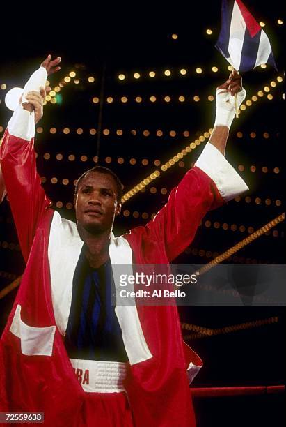 Felix Savon celebrates after he won the fight against DeVarryl Williamson at the Goodwill Games in the theater at Madison Square Gardens in New York....