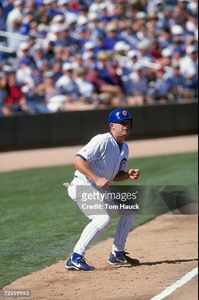 Infielder Chad Meyers of the Chicago Cubs leading off the third base during the Spring Training game against the Colorado Rockies at the HoHoKam Park...