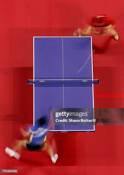 General overhead view from the match played between Hao Wang of China and Liqin Wang of China compete during the men's singles table tennis semifinal...