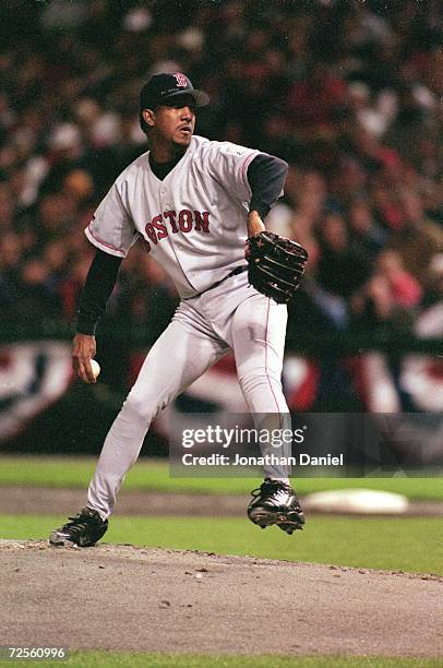 Pedro Martinez of the Boston Red Sox pitches the ball during the American League Division Series game against the Cleveland Indians at Jacob's Field...