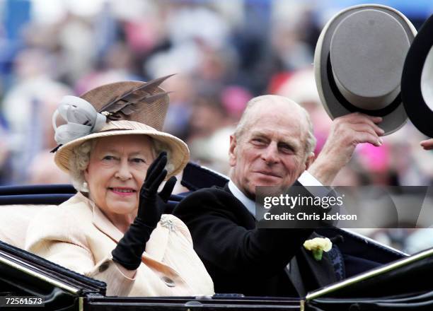 Queen Elizabeth II , The Queen, and husband Prince Philip, the Duke of Edinburgh, arrive in the Royal Carriage on the third day of Royal Ascot 2005,...