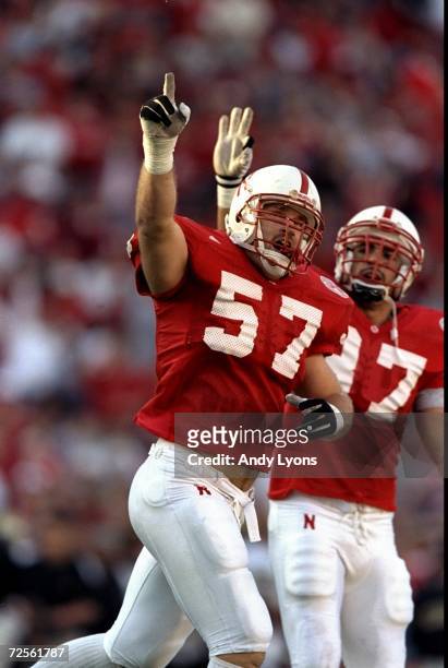 Defensive- end Chad Kelsay the Nebraska Cornhuskers celebrates during the game against the Colorado Buffalos at Memorial Stadium in Lincoln,...