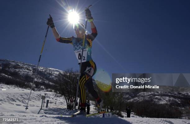 Viola Bauer of Germany in action in the Women's 4x5km Cross Country Relay at Soldier Hollow during the Salt Lake City Winter Olympic Games in Utah....