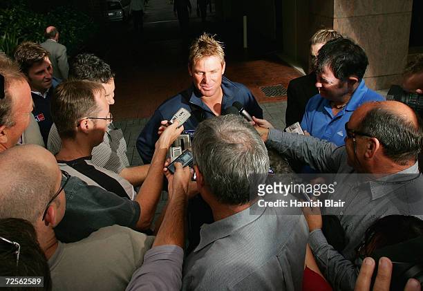 Shane Warne of Australia speaks to the press outside the Heritage Hotel on March 8, 2005 in Christchurch, New Zealand
