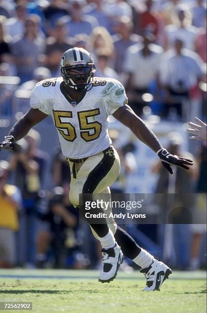 Linebacker Mark Fields of the New Orleans Saints in action during the game against the Carolina Panthers at the Eriksson Stadium in Charlotte, North...