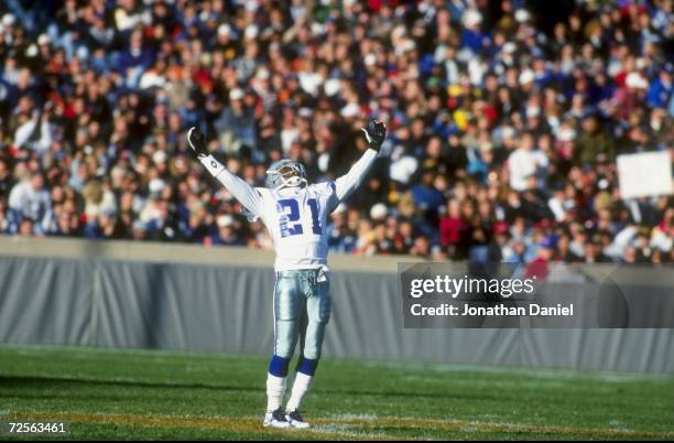 Cornerback Deion Sanders of the Dallas Cowboys in action during the game against the Chicago Bears at Soldier Field in Chicago, Illinois. The Bears...