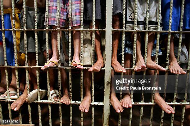 Inmates stand on the bars of an overcrowded jail cell at the Navotas Municipal jail July 17, 2005 in Navotas, Manila, Philippines. Economic woes have...