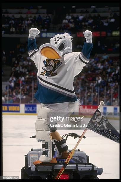 The Anaheim Mighty Ducks mascot exhorts the crowd during a game against the Quebec Nordiques at Arrowhead Pond in Anaheim, California. The Nordiques...