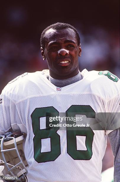 Wide Receiver Fred Barnett of the Philidelphia Eagles looks on during the Eagles 48-17 loss to the Oakland Raiders at Oakland Coliseum in Oakland,...