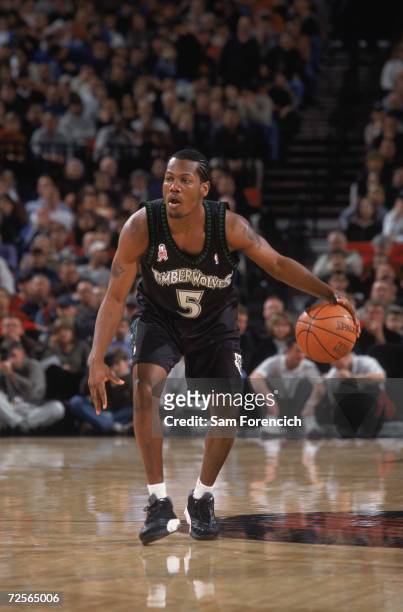 Point guard William Avery of the Minnesota Timberwolves dribbles the ball during the NBA game against the Portland Trail Blazers at the Rose Garden...