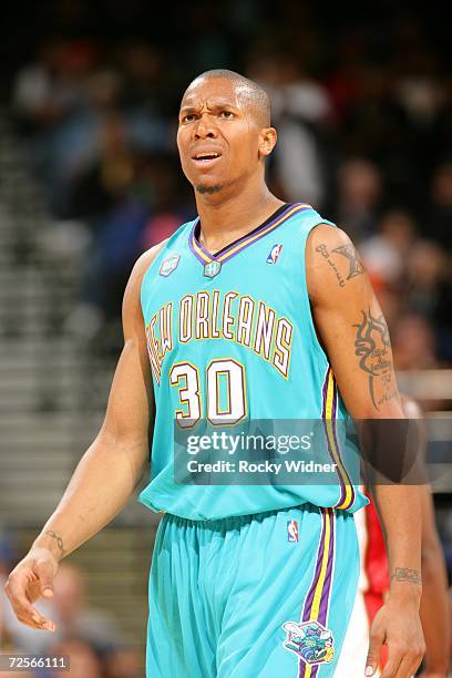 David West of the New Orleans/Oklahoma City Hornets reacts during the game against the Golden State Warriors at the Oracle on November 9, 2006 in...