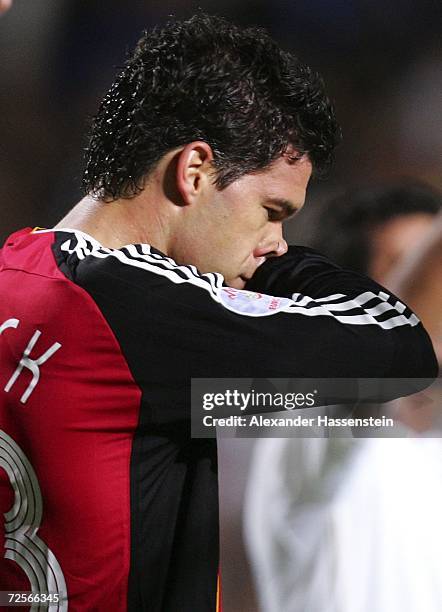 Michael Ballack of Germany reacts during the Euro2008 qualifying match between Cyprus and Germany at the G.S.P. Stadium on November 15, 2006 in...