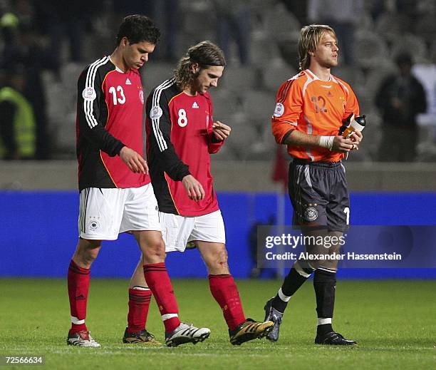 Michael Ballack, Torsten Frings and Timo Hildebrand of Germany looking dejeted after the Euro2008 qualifying match between Cyprus and Germany at the...