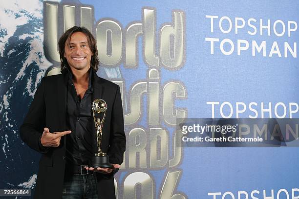 French DJ Bob Sinclar, poses for a picture backstage in the awards room with the World's Best DJ Award during the 2006 World Music Awards at Earls...