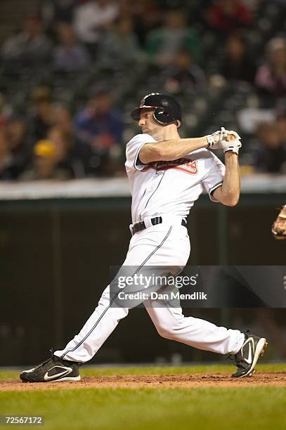 Kevin Kouzmanoff of the Cleveland Indians bats during the game against the Kansas City Royals at Jacobs Field in Cleveland, Ohio on September 13,...