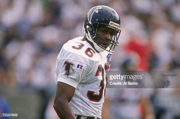 Defensive back Kevin Ross of the Atlanta Falcons looks to the sideline for instruction following a play in the Falcons 30-17 loss to the Los Angeles...